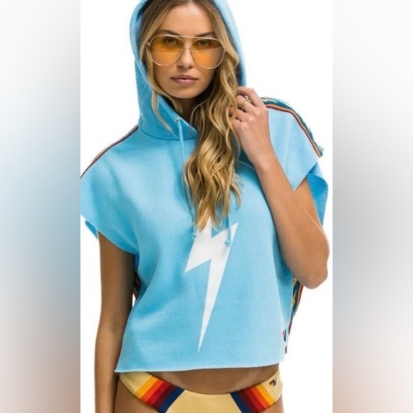 Aviator Nation Light Blue Lightning Pullover Hoodie Vest - Picture 1 of 14